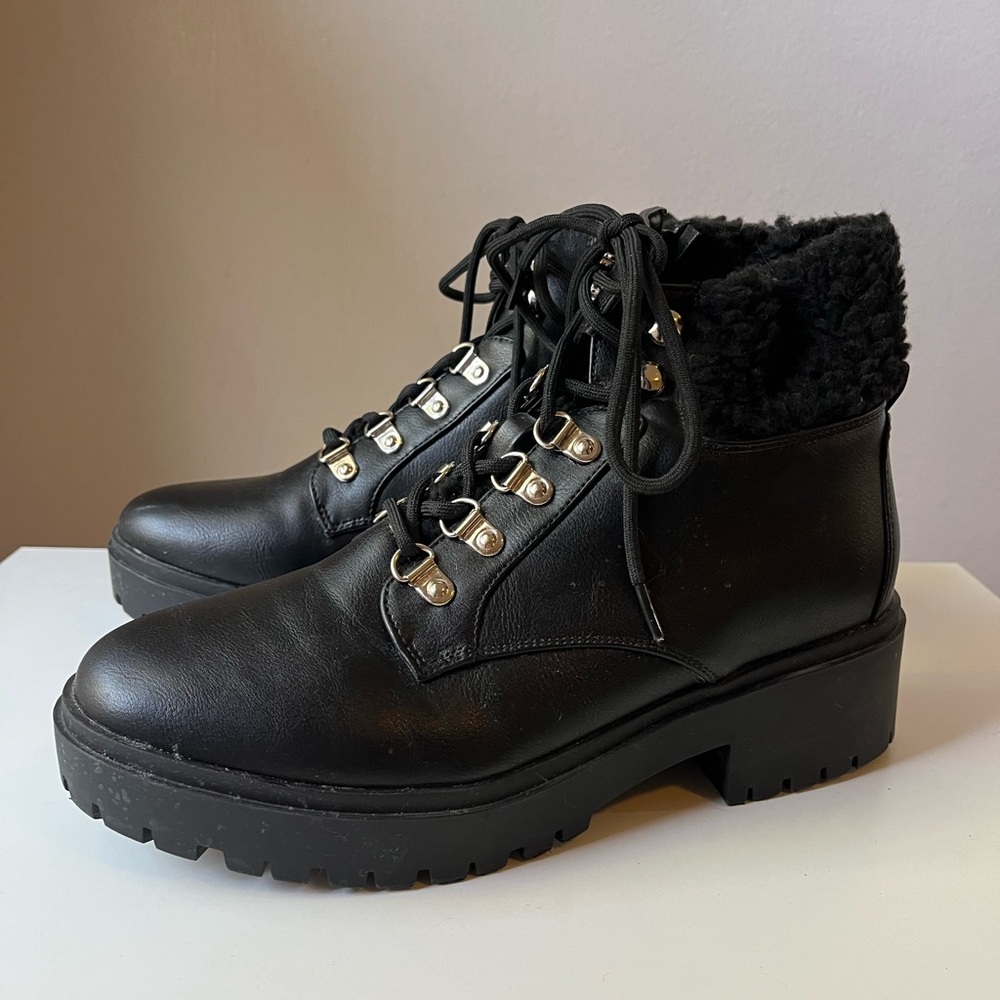 Black Faux Leather + Sherpa Ankle Boots Size 10